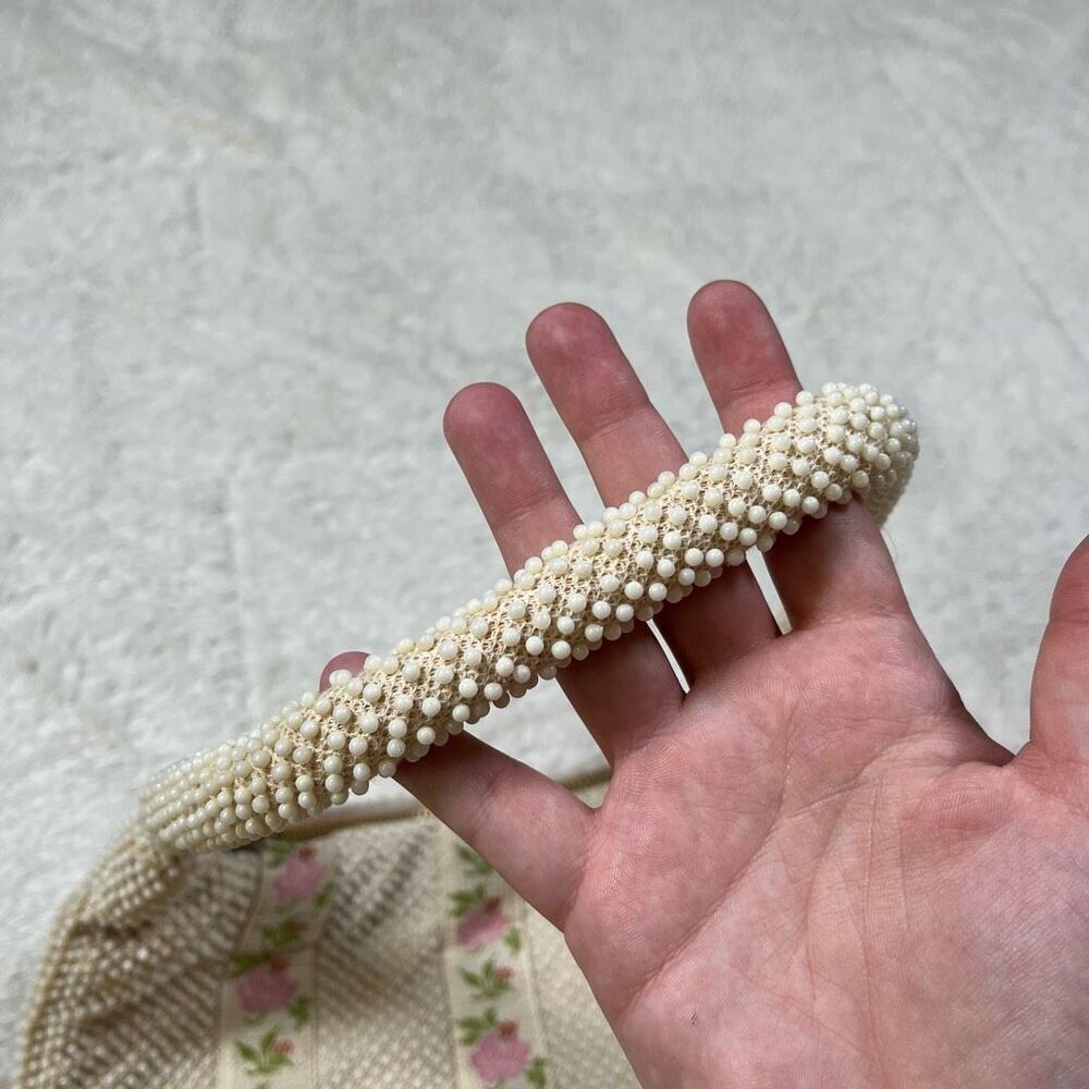 Vintage 1950s John Wind Lumured Rose Beaded Hand Bag Purse - Picture 5 of 10